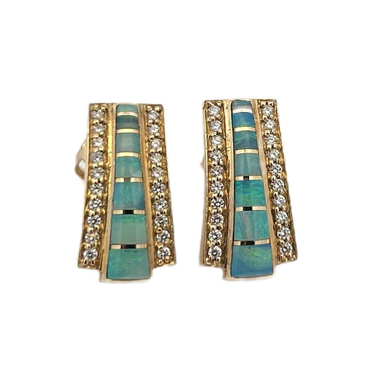 14K Yellow Gold Opal Inlay & Diamond Earrings