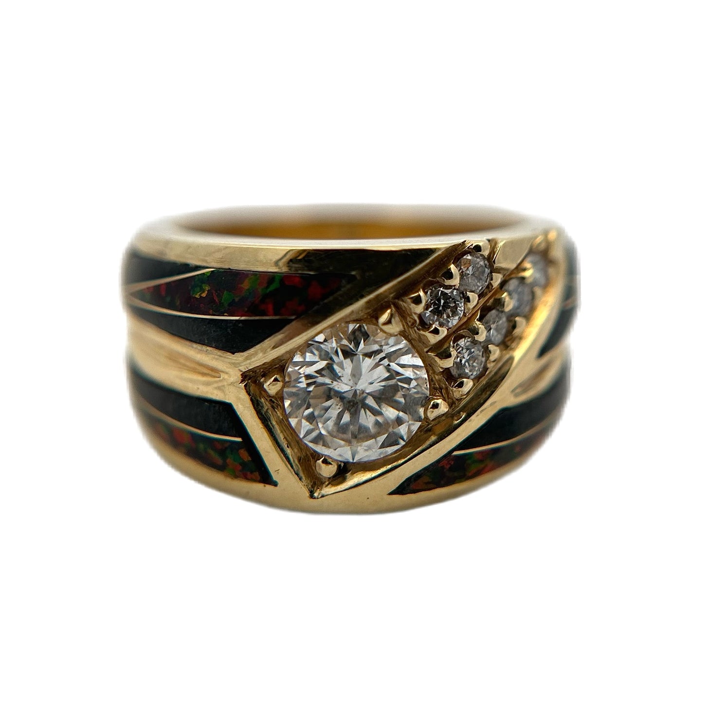 14K Yellow Gold Diamond, Black Jade, & Red Opal Ring