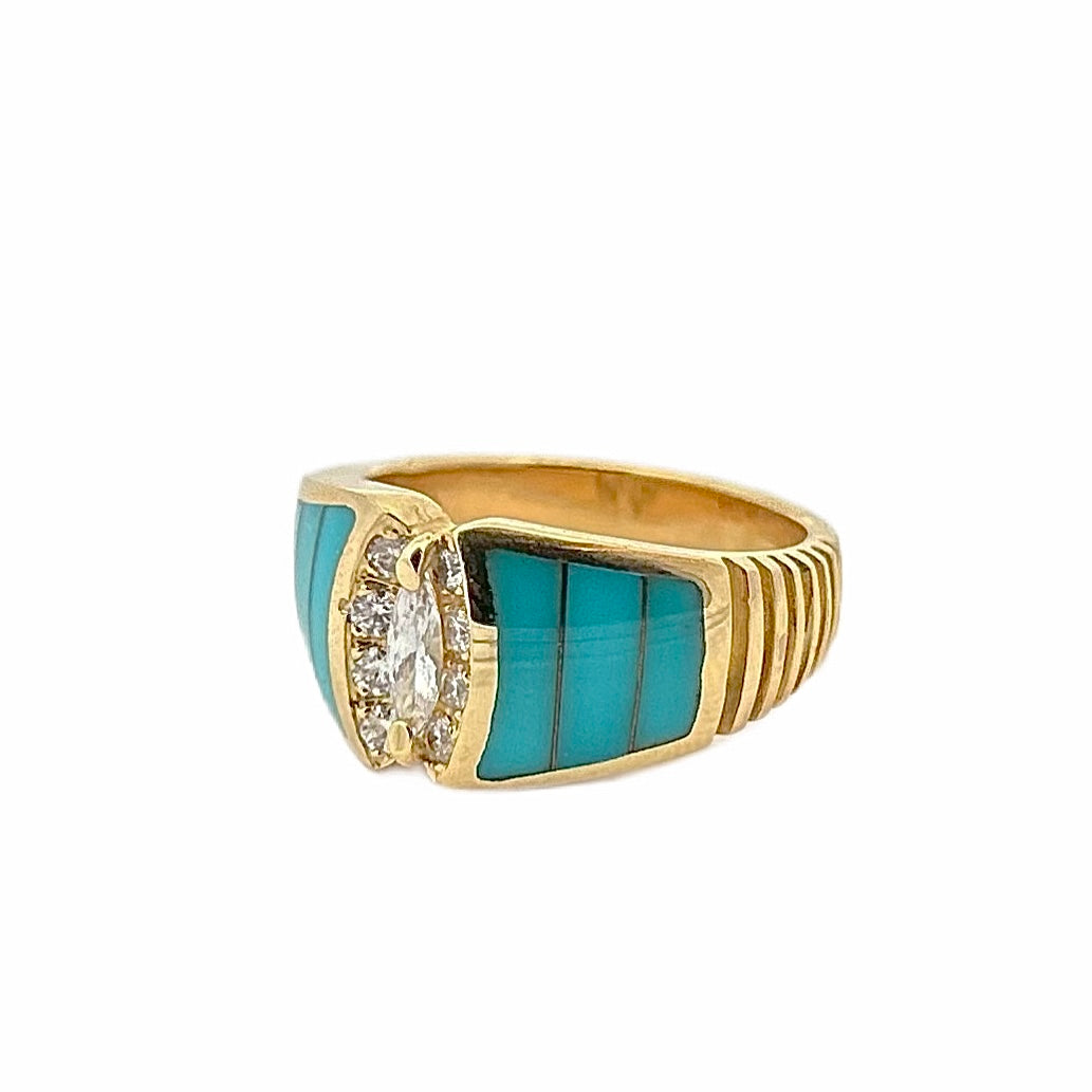 14K Yellow Gold Turquoise and Diamond Ring