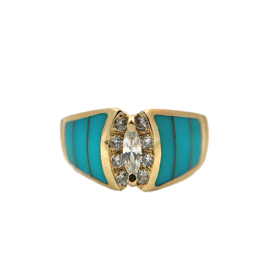 14K Yellow Gold Turquoise and Diamond Ring