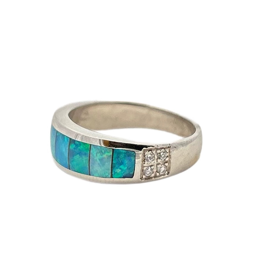 14K White Gold Opal Inlay & Diamond Ring