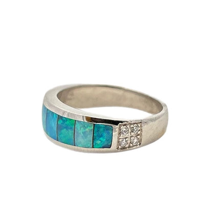 14K White Gold Opal Inlay & Diamond Ring