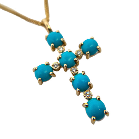 14K Yellow Gold Turquoise & Diamond Cross Pendant