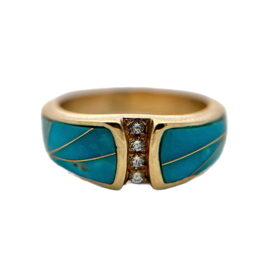 14K Yellow Gold Turquoise & Diamond Ring