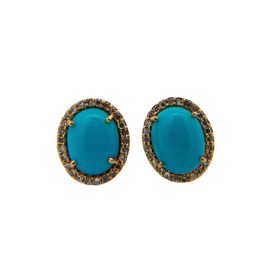 14K Yellow Gold Turquoise & Diamond Halo Studs