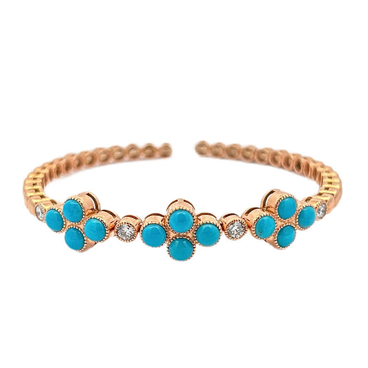 18K Rose Gold Turquoise Cluster & Diamond Cuff Bracelet