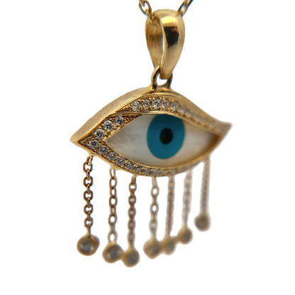 18K Yellow Gold Diamond, Turquoise & Mother of Pearl Evil Eye Pendant