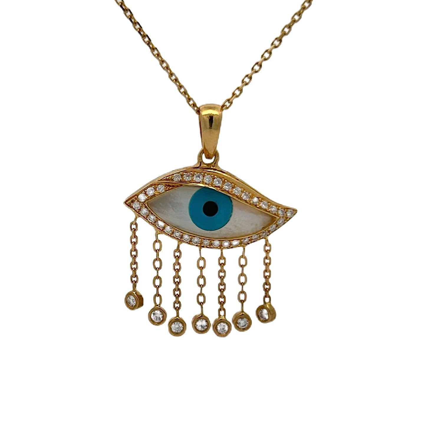 18K Yellow Gold Diamond, Turquoise & Mother of Pearl Evil Eye Pendant