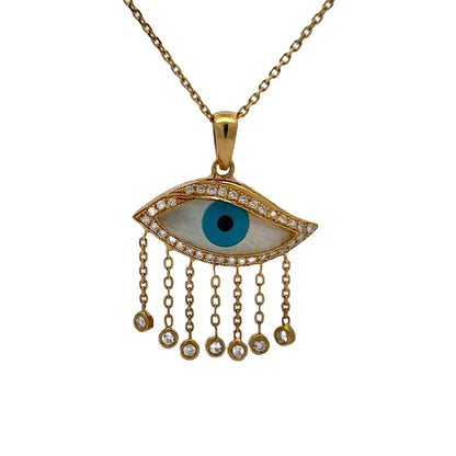 18K Yellow Gold Diamond, Turquoise & Mother of Pearl Evil Eye Pendant