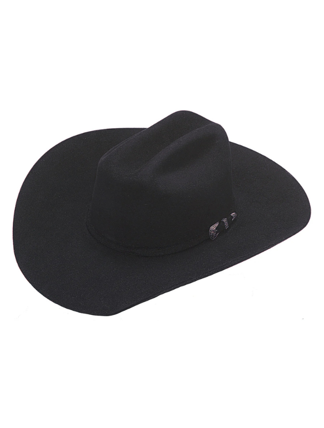 Black Ariat 3X Cowboy Wool Hat with a classic wide brim and a stylish leather band, perfect for outdoor and western wear.