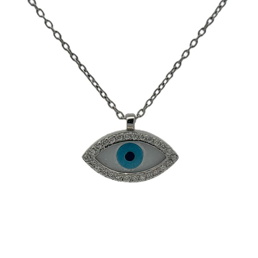 18K White Gold Enamel & Diamond Evil Eye Necklace