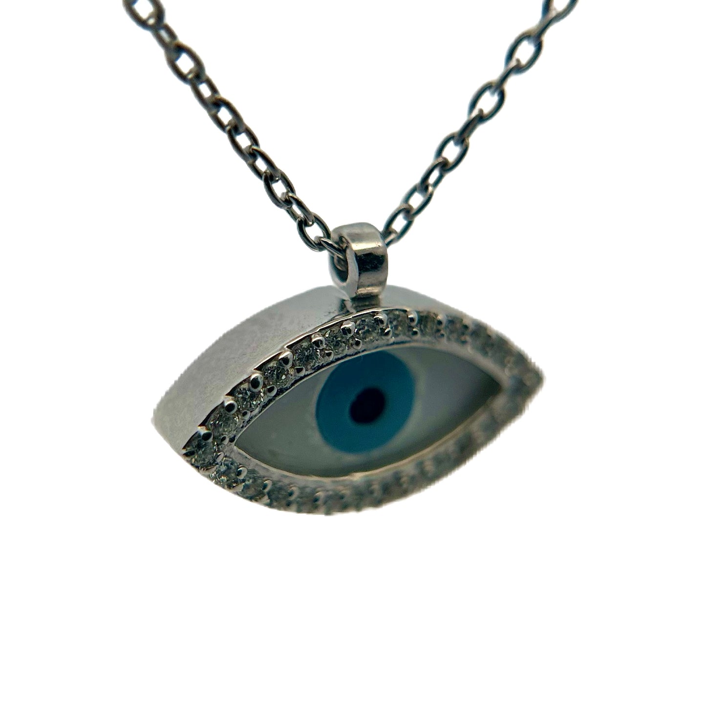 18K White Gold Enamel & Diamond Evil Eye Necklace