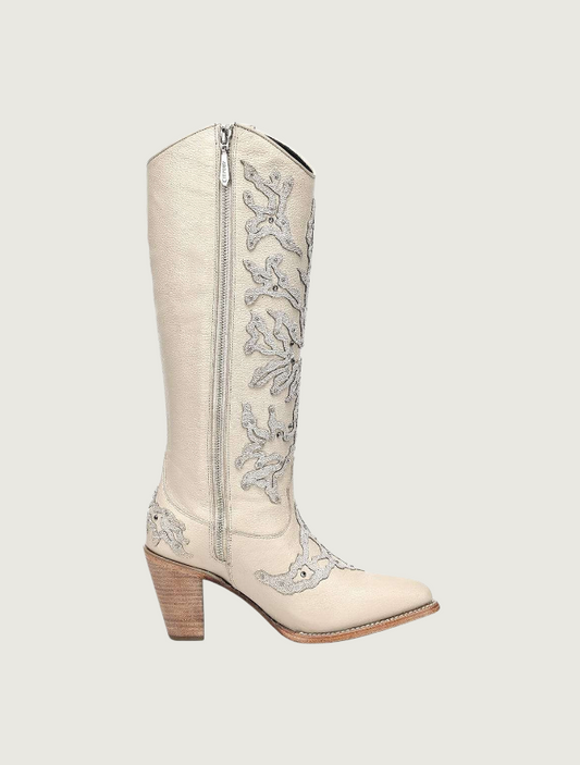 Cuadra Beige Crystal & Embroidery Tall Cowgirl Boots