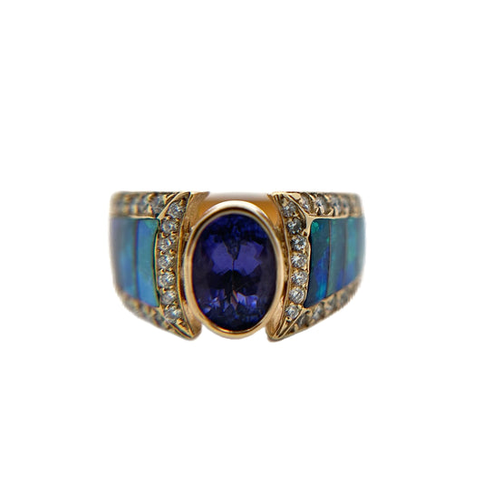 14K Yellow Gold Tanzanite, Opal, & Diamond Ring