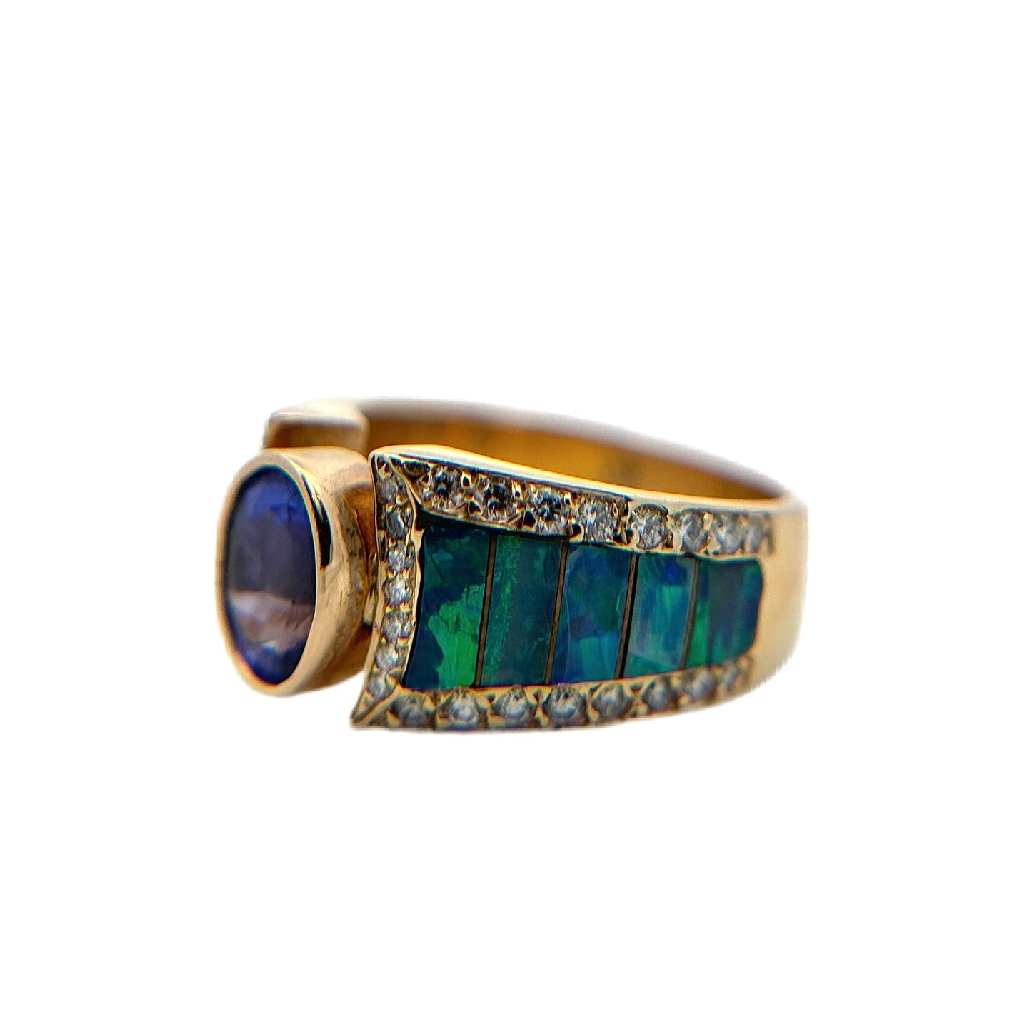 14K Yellow Gold Tanzanite, Opal, & Diamond Ring