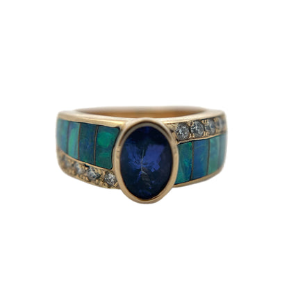 14K Yellow Gold Tanzanite, Opal, & Diamond Ring