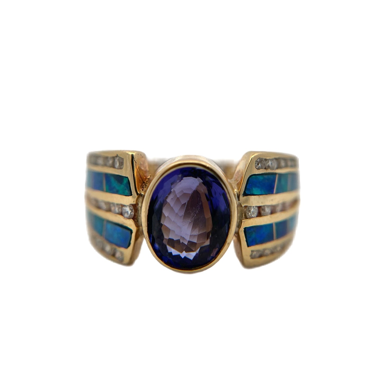 14K Yellow Gold Tanzanite, Opal, & Diamond Ring