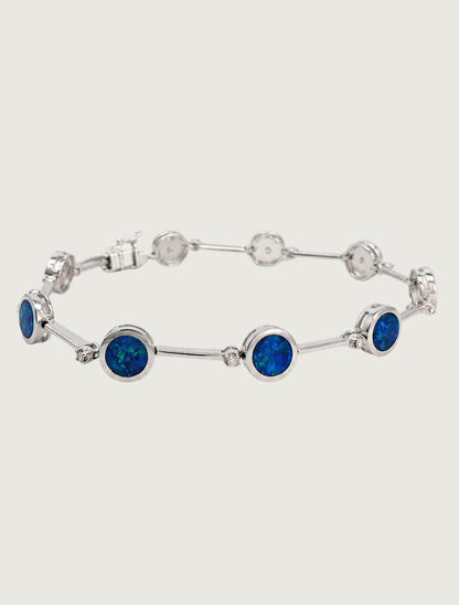 14K white gold opal and diamond line bracelet, clasped