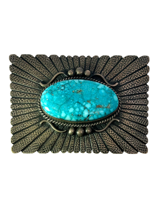 Front view of Charles Johnson Sterling Silver and Turquoise Belt Buckle