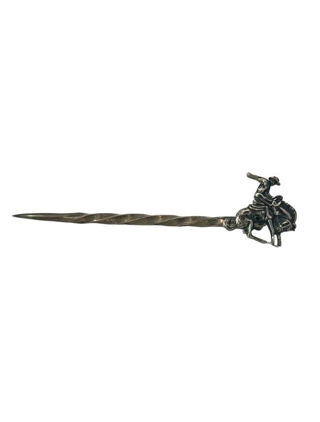 Front view of Clint Orms 1808 Sterling Silver Twisted Bronco Rider Toothpick