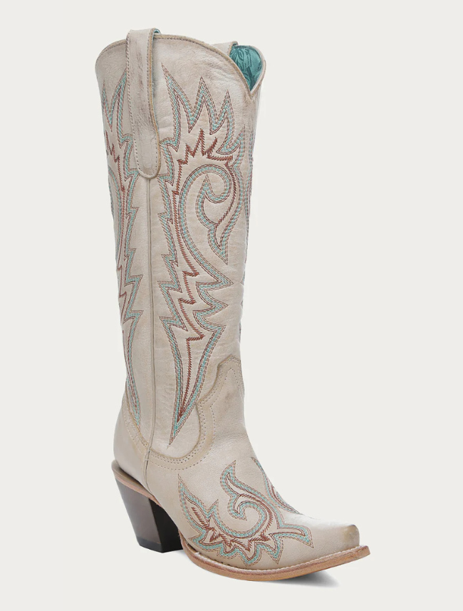 Front, quarter turn view of the Corral Women's Blue and Red Embroidery Bone Snip Toe Cowboy Boot