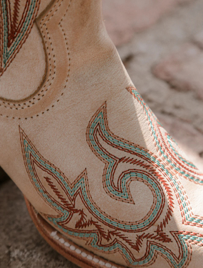 Close up view of the Corral Women's Blue and Red Embroidery Bone Snip Toe Cowboy Boot with emphasis on embroidery detail