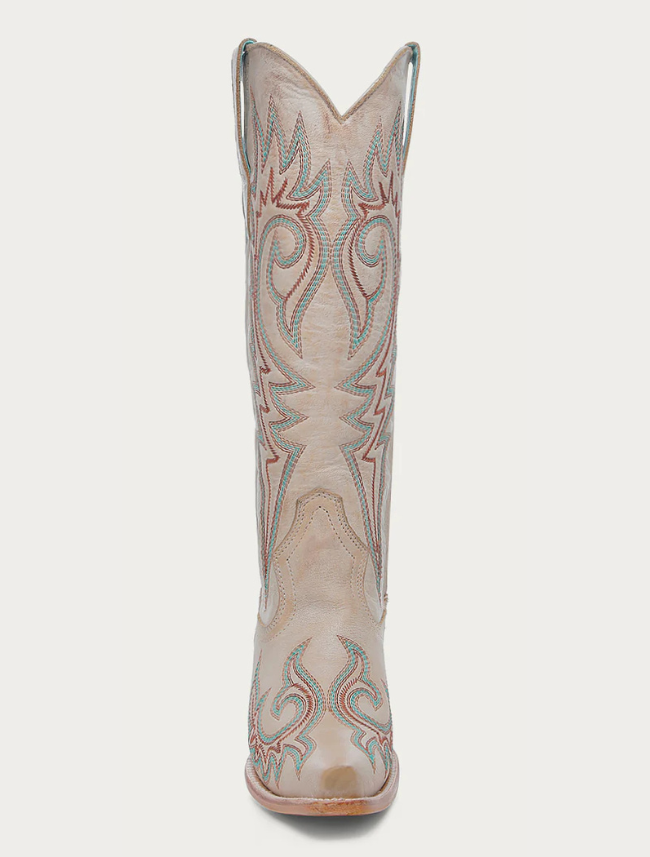 Front, head on view of the Corral Women's Blue and Red Embroidery Bone Snip Toe Cowboy Boot