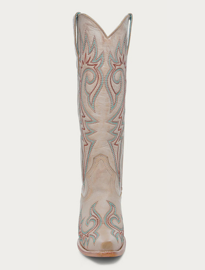 Front, head on view of the Corral Women's Blue and Red Embroidery Bone Snip Toe Cowboy Boot