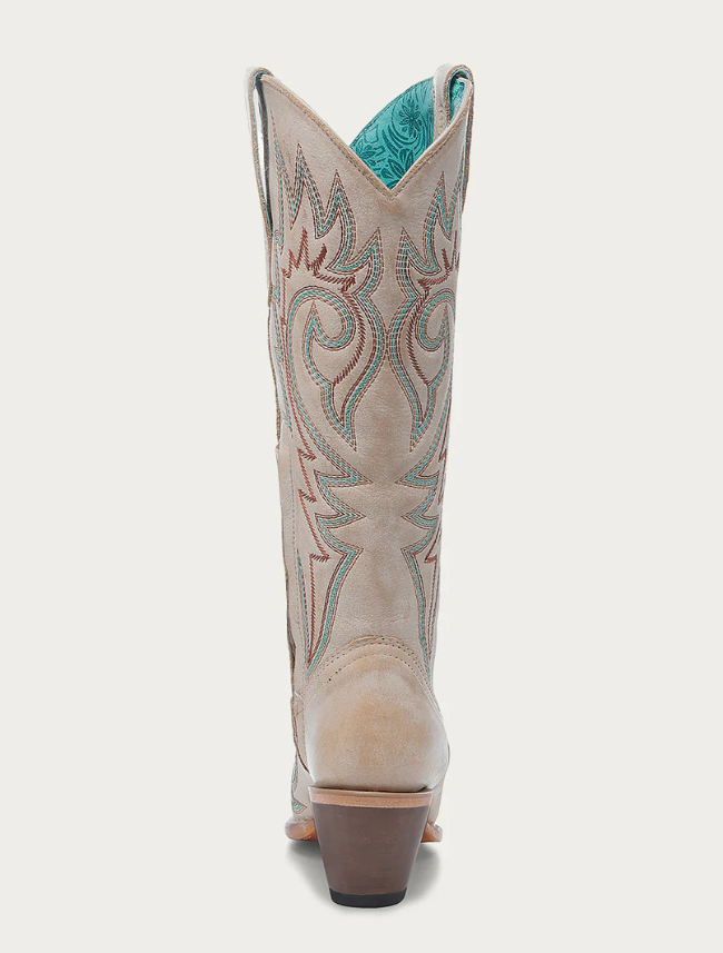 Back, head on view of the Corral Women's Blue and Red Embroidery Bone Snip Toe Cowboy Boot