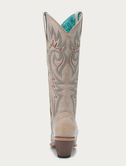 Back, head on view of the Corral Women's Blue and Red Embroidery Bone Snip Toe Cowboy Boot