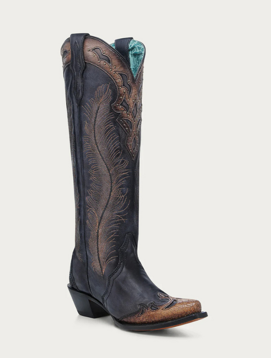 Black and brown cowboy boot with intricate design on a white background