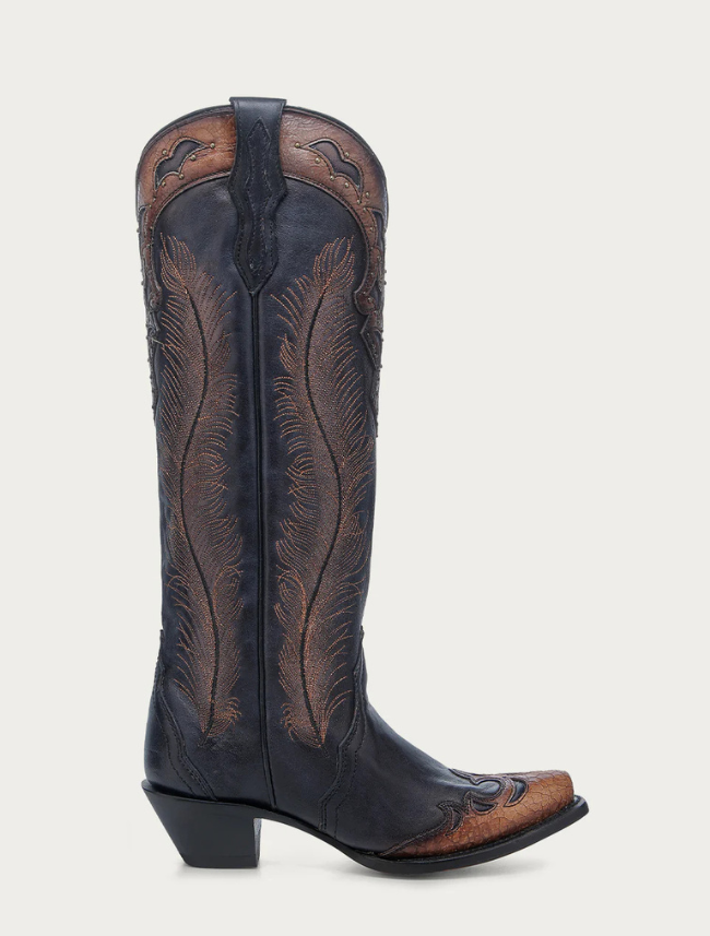 Black cowboy boot with brown leatherwork on a white background