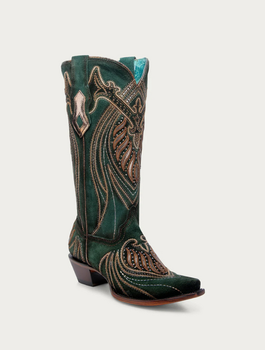 Green cowboy boot with intricate brown embroidery on a white background