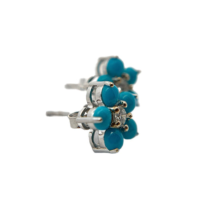 18K White Gold Sleeping Beauty Turquoise & Diamond Flower Studs