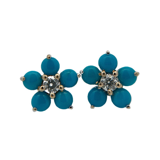 18K White Gold Sleeping Beauty Turquoise & Diamond Flower Studs