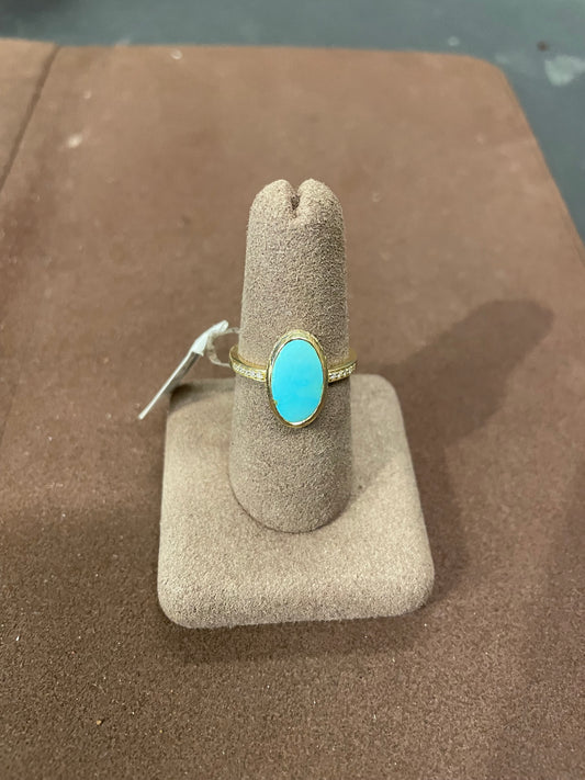 14K Yellow Gold Diamond & Turquoise Ring (223-04984)
