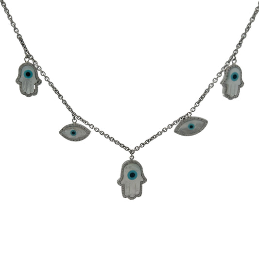 18K White Gold Diamond, Sleeping Beauty Turquoise, & Mother of Pearl Charm Necklace