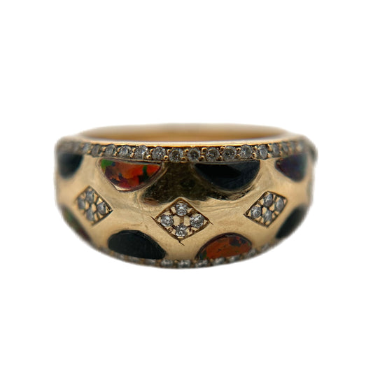 14K Yellow Gold Diamond, Black Jade, & Red Opal Ring