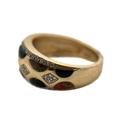 14K Yellow Gold Diamond, Black Jade, & Red Opal Ring