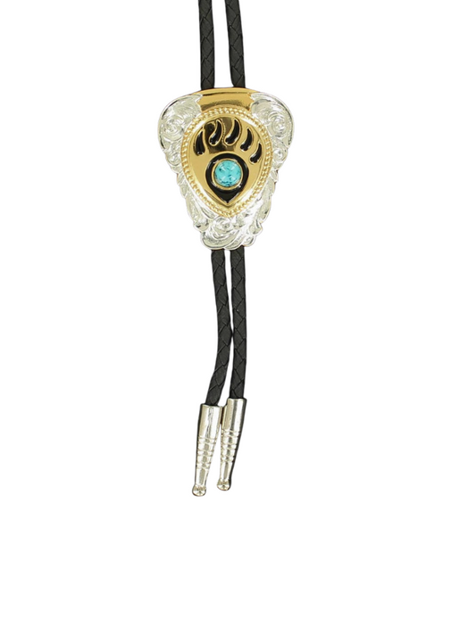 Bolo tie with decorative clasp on a white background