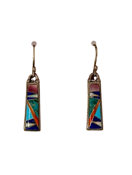 Front view of Ferris Sterling Silver Earrings with multicolor inlay