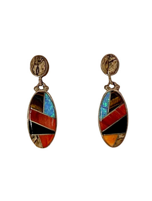 Front view of Ferris Sterling Silver Earrings with multicolor inlay