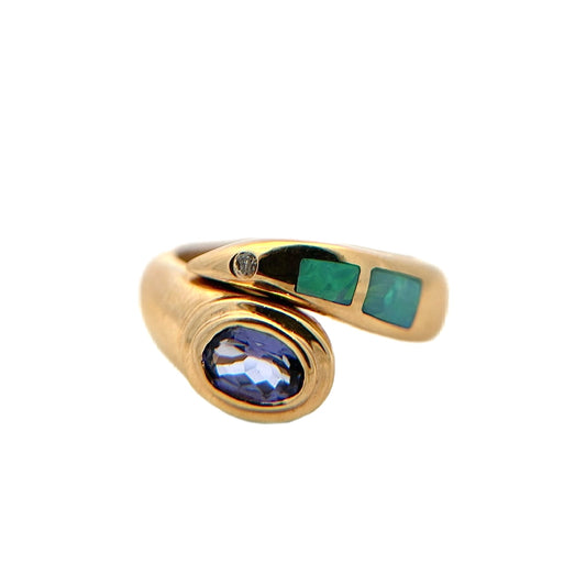 14K Yellow Gold Tanzanite, Opal, & Diamond Ring