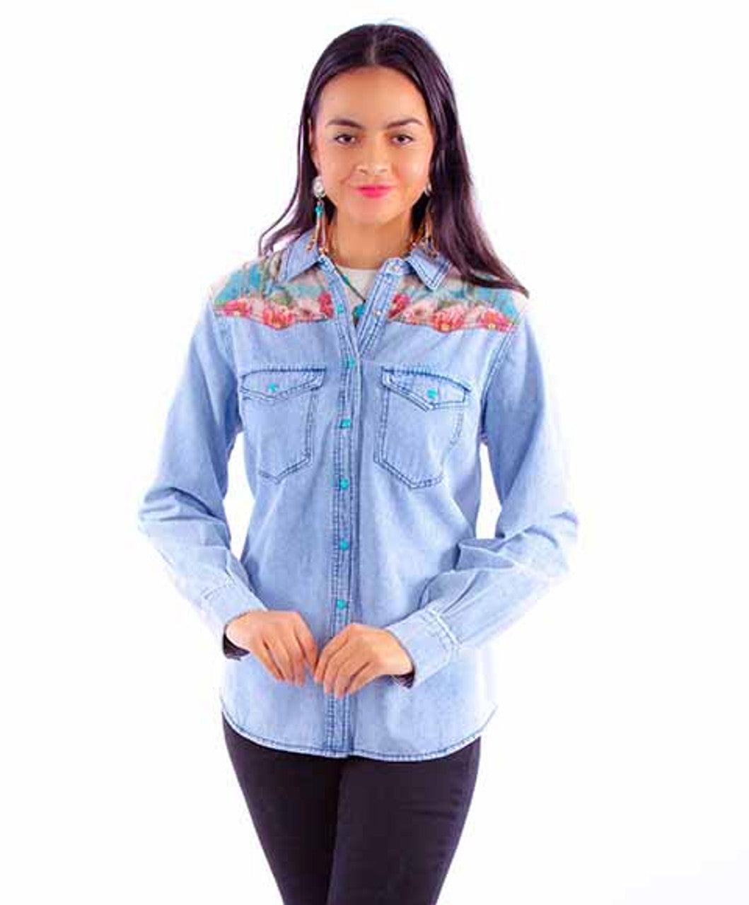 Scully Honey Creek Denim Shirt Microfiber Cactus Scene