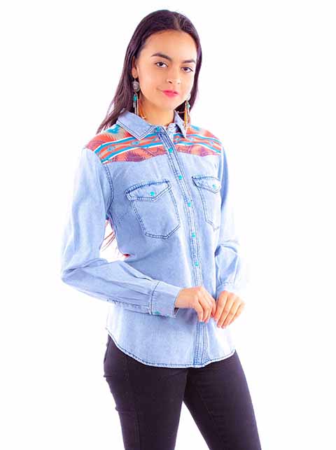 Scully Women's Denim Aztec Print Snap Front Shirt