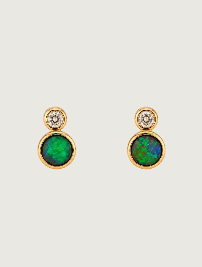 14K yellow gold opal and diamond stud earrings, front view