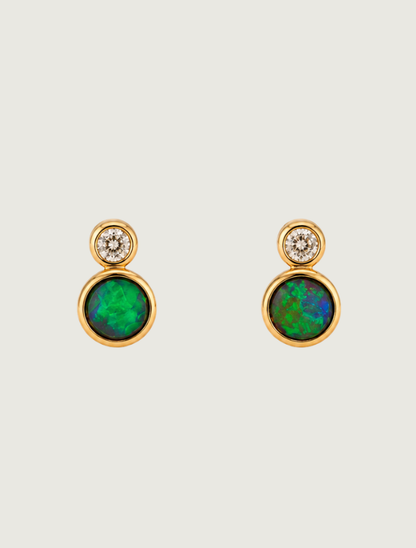 14K yellow gold opal and diamond stud earrings, front view