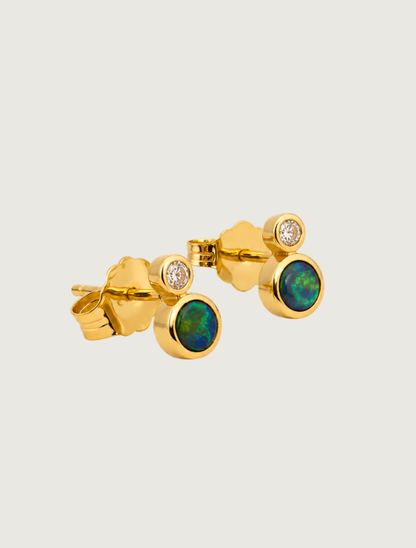 14K yellow gold opal and diamond stud earrings, side view