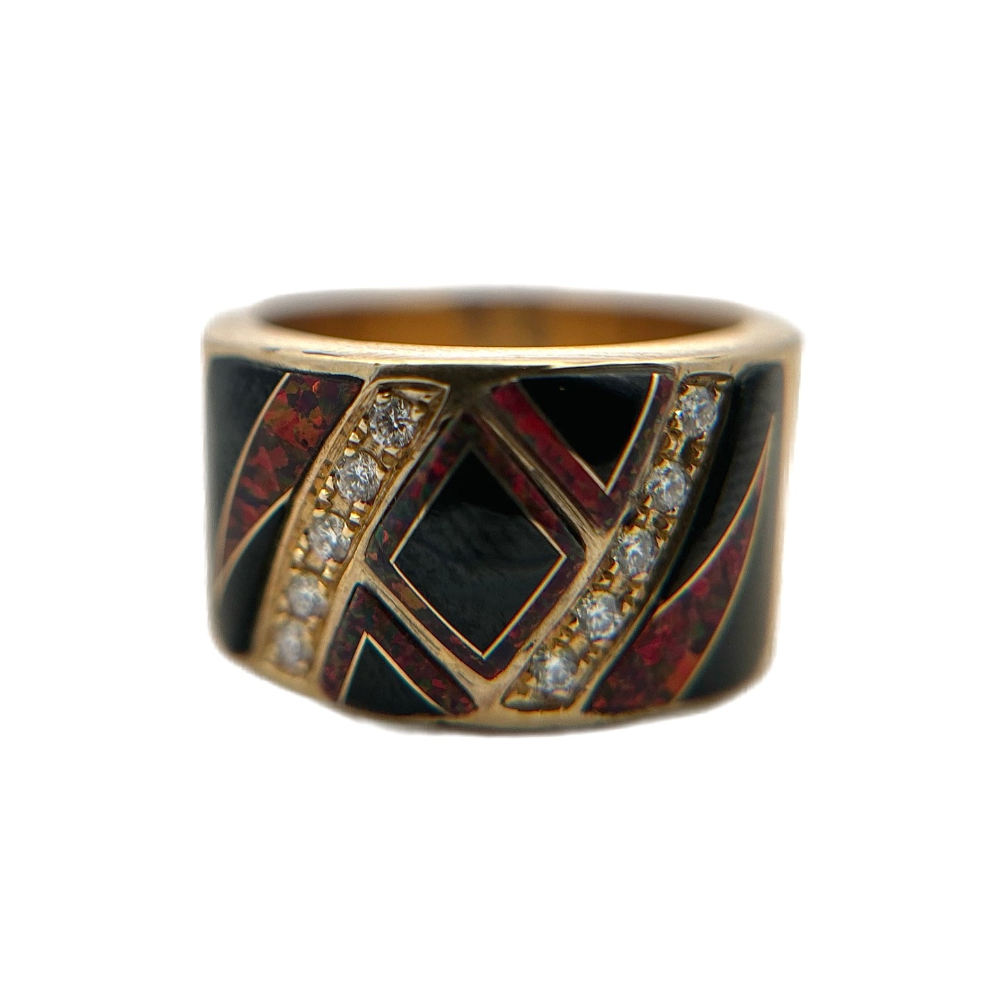 14K Yellow Gold Diamond, Black Jade, & Fire Opal Ring