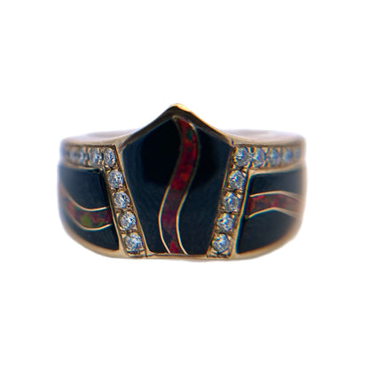 18K Yellow Gold Diamond, Black Jade, & Fire Opal Ring